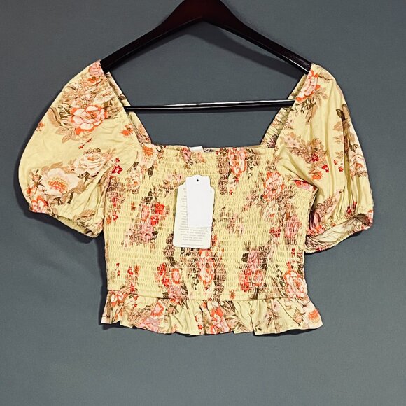 Band of Gypsies Tops - BOG Yellow Floral Boho Cropped Smocked Peplum Blouse Small Boho